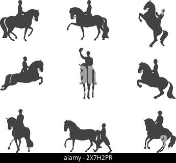 Ensemble de silhouettes, un homme sur un cheval, dressage classique Illustration de Vecteur