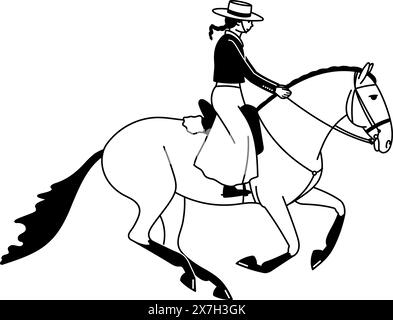 Cavalier centreur sur un cheval de race Lusitano, équitation de travail, illustration vectorielle noir et blanc Illustration de Vecteur