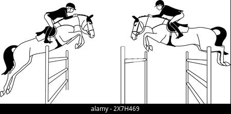 Cavaliers et chevaux pendant les compétitions de saut d'obstacles Illustration de Vecteur