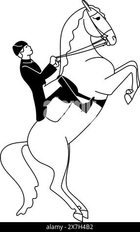 Dressage classique, un cavalier sur un cheval effectue un saut vers le haut, illustration vectorielle noir et blanc Illustration de Vecteur