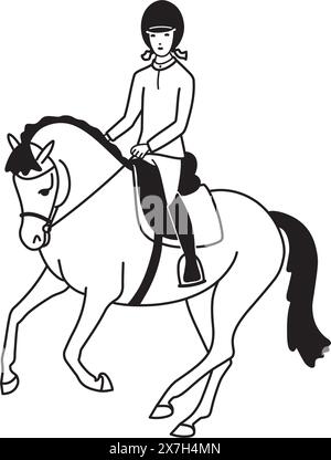 Belle fille chevauchant un poney, noir et blanc dessin simple Illustration de Vecteur