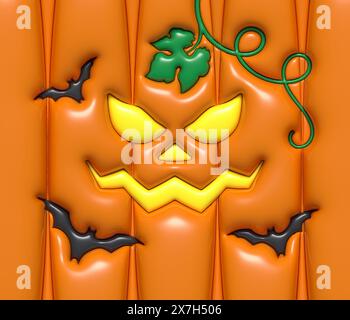 Citrouille d'Halloween drôle avec des chauves-souris. Illustration gonflée 3d bouffy. Banque D'Images