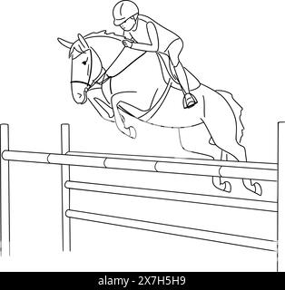 Jeune athlète sur un poney de sport saute par-dessus un obstacle, image linéaire pour la coloration. Illustration vectorielle Illustration de Vecteur