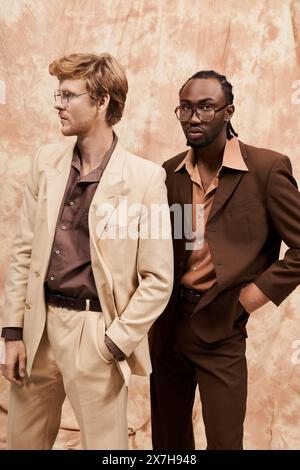 Deux hommes multiculturels dans un style élégant dapper se tiennent côte à côte devant un mur. Banque D'Images