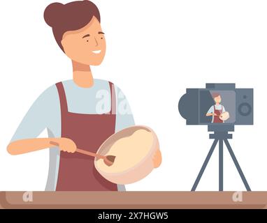 Femme souriante filmant un spectacle de cuisine pour son appareil photo numérique dans sa cuisine moderne. Création de contenu pour son canal de vlogging de tutoriel en ligne. Mélanger les ingrédients dans un bol avec une cuillère en bois Illustration de Vecteur