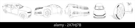 Concept ensemble conceptuel d'une voiture tout-terrain esquisse des croquis de différentes perspectives. illustration 3d comme métaphore du voyage et de l'aventure, de l'indépendance Banque D'Images