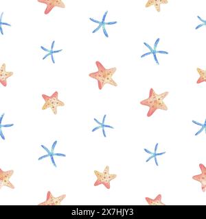 Étoiles de mer, animaux océaniques de récif corallien sous-marin. Illustration aquarelle, dessinée à la main dans des couleurs pastel : bleu, turquoise, menthe, rose, pêche, corail Banque D'Images