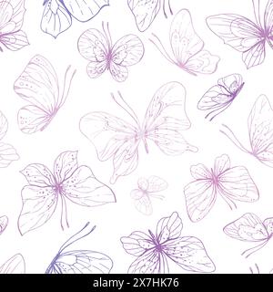Les papillons sont roses, bleus, lilas, volants, art au trait délicat, agrafe Illustration graphique dessinée à la main en rose, encre lilas. EPS à motif sans couture Illustration de Vecteur