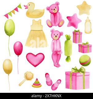 Watercolor nursery set of toys. Hand painted cute animal of bear character, baby toys, stars, flags, gift boxes, dress, childrens' shoes, heart, sweet Banque D'Images