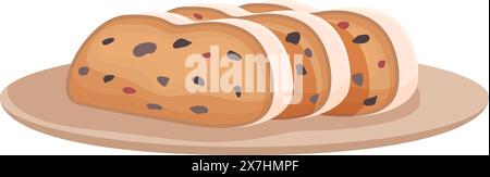 Illustration graphique de pain aux raisins secs tranché servi sur une assiette simple, isolé sur un fond blanc Illustration de Vecteur