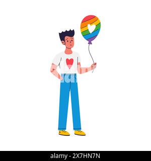Un jeune homme tient un ballon couleur arc-en-ciel. Concept pour le mois de la fierté. Illustration vectorielle isolée sur un fond blanc Illustration de Vecteur