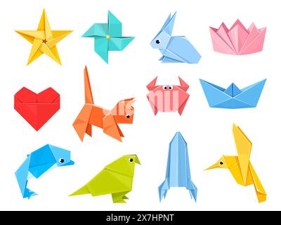 Éléments colorés en origami. Feuilles de papier colorées pliées, formes géométriques polygonales, art japonais et passe-temps, animaux et objets, navire et oiseau, vecteur Illustration de Vecteur