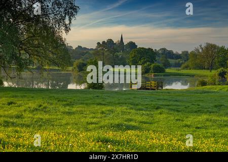 Tôt le matin à Kingfisher Water dans Harrold-Odell Country Park, Befordshire, Royaume-Uni. Le clocher de l'église de Chellington se reflète dans l'eau Banque D'Images