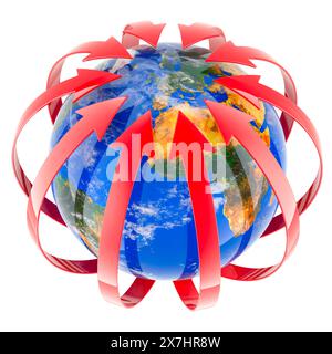 Globe terrestre avec des flèches rouges autour. rendu 3d isolé sur fond blanc Banque D'Images