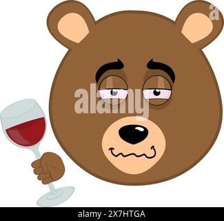 illustration vectorielle visage grizzly ours brun bande dessinée ivre tenant un verre de vin avec ses mains Illustration de Vecteur