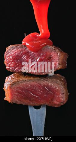 deux morceaux de viande de bifteck de bœuf fraîchement grillé et couler de la sauce tomate isolé sur fond noir ; mise au point sélective Banque D'Images