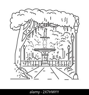 Illustration mono-ligne du parc Forsyth ou du terrain de parade militaire dans le quartier historique de Savannah, Géorgie aux États-Unis d'Amérique Illustration de Vecteur