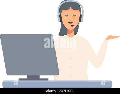 Illustration d'un agent du service client avec un casque parlant et faisant des gestes devant un ordinateur Illustration de Vecteur