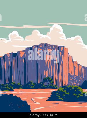 WPA affiche art du Parc National de Talampaya ou Parque Nacional Talampaya dans la zone de l'écorégion du Haut Monte dans la province de la Rioja, Argentine fait i Illustration de Vecteur