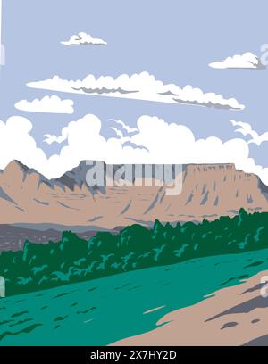 WPA affiche art du parc national de Table Mountain, précédemment connu sous le nom de parc national de la péninsule du Cap surplombant Cape Town en Afrique du Sud fait dans les travaux p Illustration de Vecteur