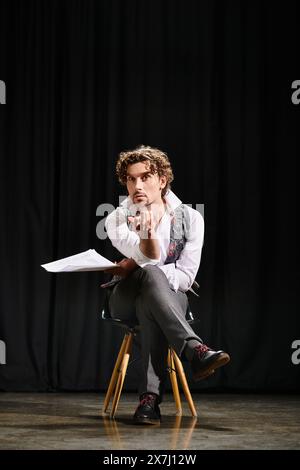 Un homme assis sur une chaise, profondément dans la pensée, tenant un morceau de papier. Banque D'Images