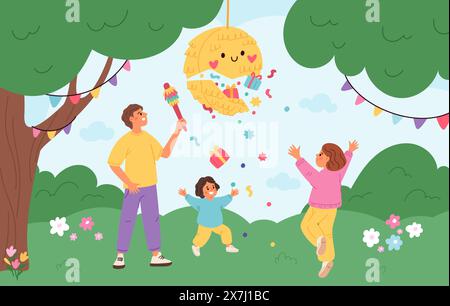 Enfants avec pinata. Père aide les enfants à développer la décoration en papier avec des cadeaux ou des confettis. Fête d'anniversaire. Détente en famille. Toy han Illustration de Vecteur