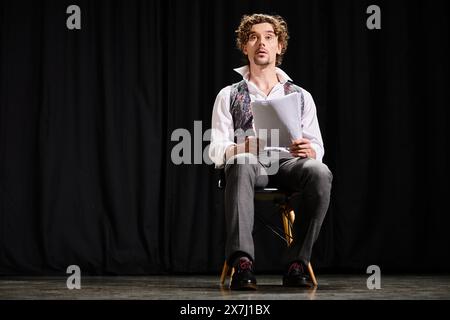 Un homme se détend dans sa chaise, profondément dans la pensée, tenant un morceau de papier. Banque D'Images