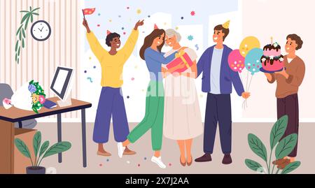 La famille célèbre l'anniversaire de maman. Joyeux anniversaire. Les enfants adultes donnent des cadeaux aux parents. Fête de Félicitation de vacances. Confettis et ballons. Fes Illustration de Vecteur