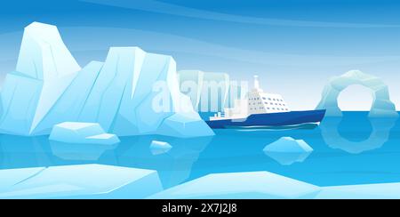 Paysage insulaire arctique. Des icebergs sortent de l'eau. Montagnes froides de l'océan. Fond polaire ou antarctique. Paysage hivernal. Voyage en bateau brise-glace. Illustration de Vecteur