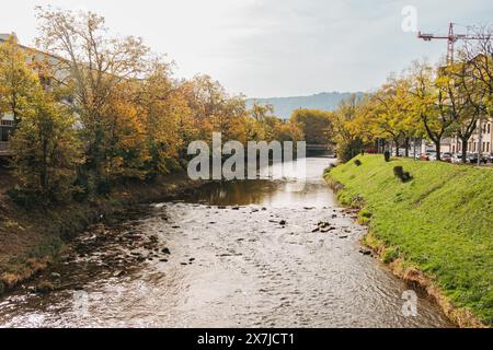 Une rivière calme de Sihl serpente à travers le paysage urbain automnal de Zurich, reflétant le feuillage coloré. L'horizon de la ville jette un coup d'œil à travers les arbres Banque D'Images