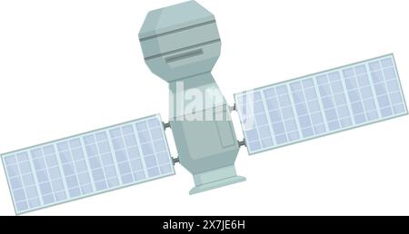 Illustration satellite de dessin animé coloré avec panneaux solaires et antenne, isolé sur fond blanc. Conception vectorielle moderne pour la technologie spatiale, la communication et la navigation Illustration de Vecteur