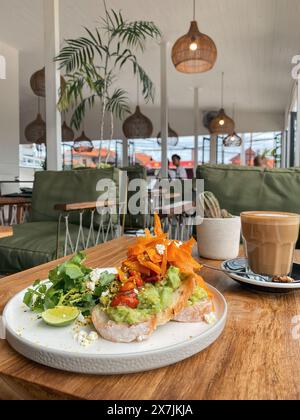 Sandwich avec avocat, tomates séchées et carottes sur une assiette dans un café Banque D'Images