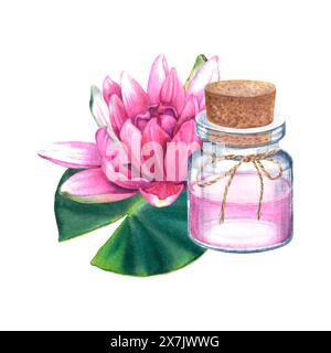 Bouteille en verre d'eau de rose avec bouchon en bois et arc de corde de jute, nénuphar, feuille verte sur fond isolé. Illustration d'aquarelle dessinée à la main Banque D'Images