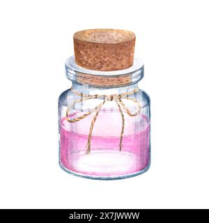 Bouteille en verre d'eau de rose avec bouchon en bois et arc de corde de jute sur fond isolé. Illustration à l'aquarelle dessinée à la main de la petite fiole. Pour l'arôme Banque D'Images