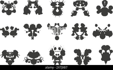 Test de transfert d'encre Rorschach. Matériels diagnostiques de santé mentale, taches d'encre abstraites noires sous diverses formes. Psychologie, outils vectoriels néotériques en psychiatrie Illustration de Vecteur