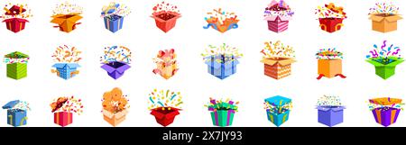 Vecteur d'explosion de confettis de boîte cadeau. Une collection de boîtes colorées avec l'une d'elles ayant une grande explosion. Les boîtes sont disposées en rangée et sont toutes de tailles différentes Illustration de Vecteur