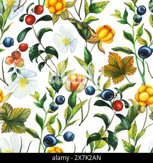 Motif aquarelle sans couture avec cowberry dessiné à la main, canneberge et bleuet avec des baies, des feuilles, des branches de fleurs. Baie de forêt botanique Banque D'Images