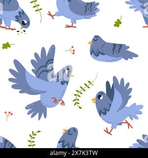 Pigeons sans couture motif. Oiseaux de dessin animé volant et picotant des graines. Mignon tissu colombe ou imprimé enveloppant. Fond vectoriel chic décoratif Illustration de Vecteur