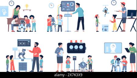 Leçon de robotique et cours hors ligne pour les enfants. Enseignants et étudiants développant et programmant des robots, des cyborgs, des androïdes, des scènes vectorielles récentes Illustration de Vecteur