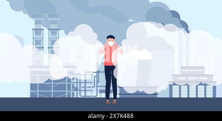 Problèmes de pollution atmosphérique. La personne porte un masque de protection. Vapeur sale et brouillard, usine, manufactures et industrie. Scène de vecteur catastrophe écologique Illustration de Vecteur