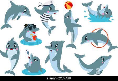 Des dauphins de dessins animés. Drôle de dauphin exécutant et faisant des tours. Animaux sous-marins dans différentes poses et émotions, personnages marins vectoriels classe Illustration de Vecteur