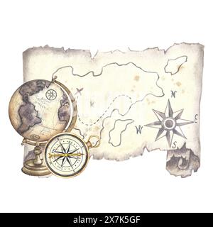 Globe vintage et boussole avec une carte ancienne de l'île. Illustration d'aquarelle faite à la main dans le style de vis. Pour bannières, flyers, affiches. Pour printi Banque D'Images