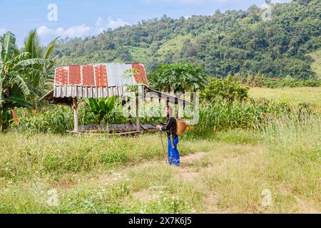 Un jeune homme portant un panier en osier habillé dans des vêtements typiques de paj ntaub ou de tissu de fleurs Hmong, Chiang Khong, province de Chiang Rai, nord de la Thaïlande Banque D'Images