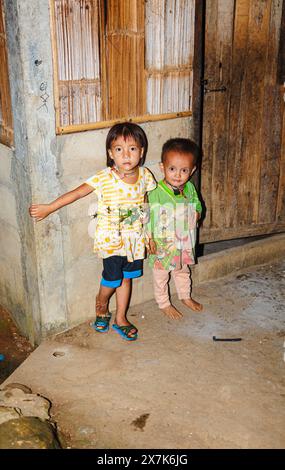 Mignons, petits, jeunes enfants Hmong, garçon et fille tenant un bouquet de fleurs cueillies dans un village de Chiang Khong, province de Chiang Rai, dans le nord de la Thaïlande Banque D'Images