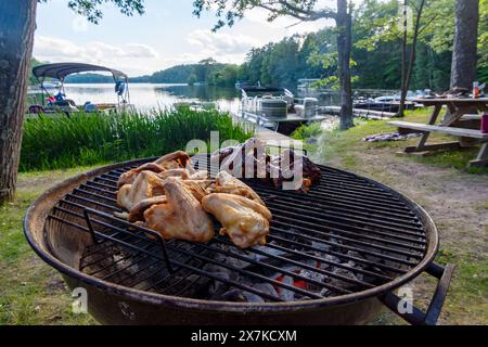 Ailes de poulet, nature et grillées, rôties sur le grill d'une cabane northwoods. Lac et bateaux en arrière-plan. Banque D'Images