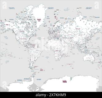 Plan politique détaillé de la carte du monde esquisse la langue espagnole projection Mercator Illustration de Vecteur