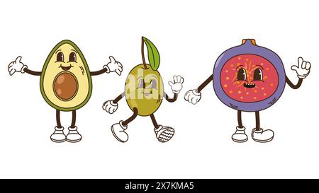 Fruits et baies dans un ensemble de style groovy. Olives kiwi et figues. Personnages rétro tendance, mascotte comique. Affiche de bannière de conception. Y2K hippie 70s, 80s. Illustration vectorielle. Illustration de Vecteur
