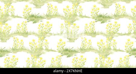 Fleurs jaunes dans une illustration aquarelle de motif clair de paysage naturel. Scène de la faune de la forêt avec des herbes, des fleurs, de la végétation. Comp. Comp Banque D'Images