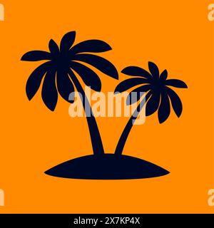 Arbres de noix de coco de forêt tropicale africaine ou palmiers tropicaux sur fond orange. Silhouette noire simple pour éco Floral logo emblème en Art rétro, OR Illustration de Vecteur