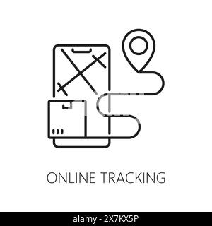Suivi en ligne, icône de ligne logistique. Chaîne d'approvisionnement, livraison et stockage, signe vectoriel de contour de service de fret de colis en mouvement et smartphone avec carte, épingle et piste, symbolisant la surveillance en temps réel Illustration de Vecteur